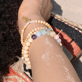 Chakra Armband aus hellen Sandelholz Perlen und sieben Chakra Edelsteinen.